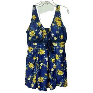 NWT Ecupper Womens Blue Lined Tie Front V-Neck Floral One Piece Swim Dress 3XL